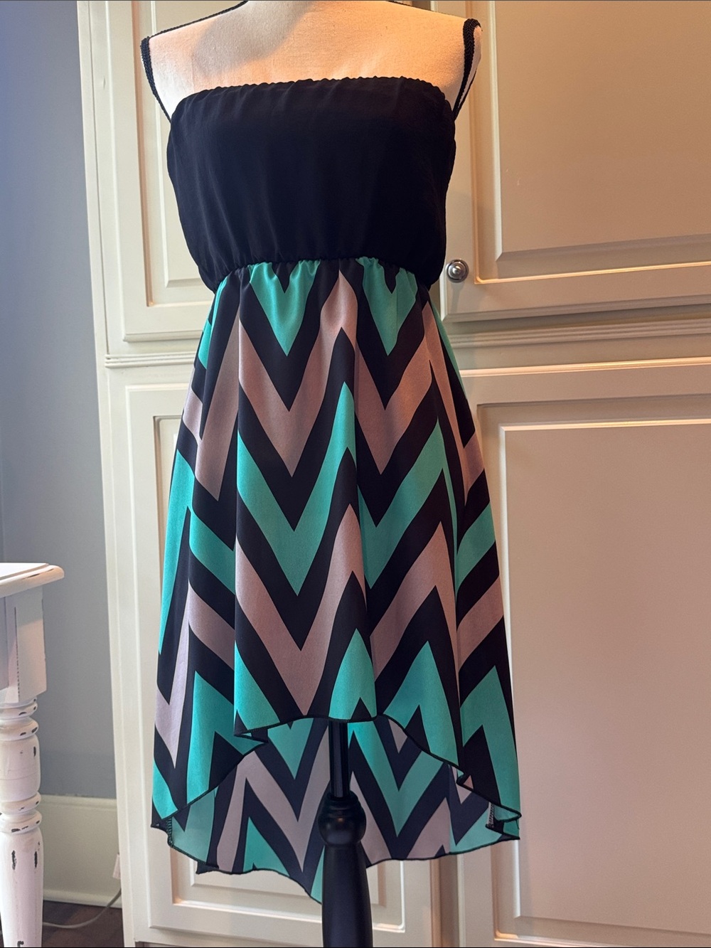 Strapless Chevron Fit-and-Flare high low Dress in Teal & Black